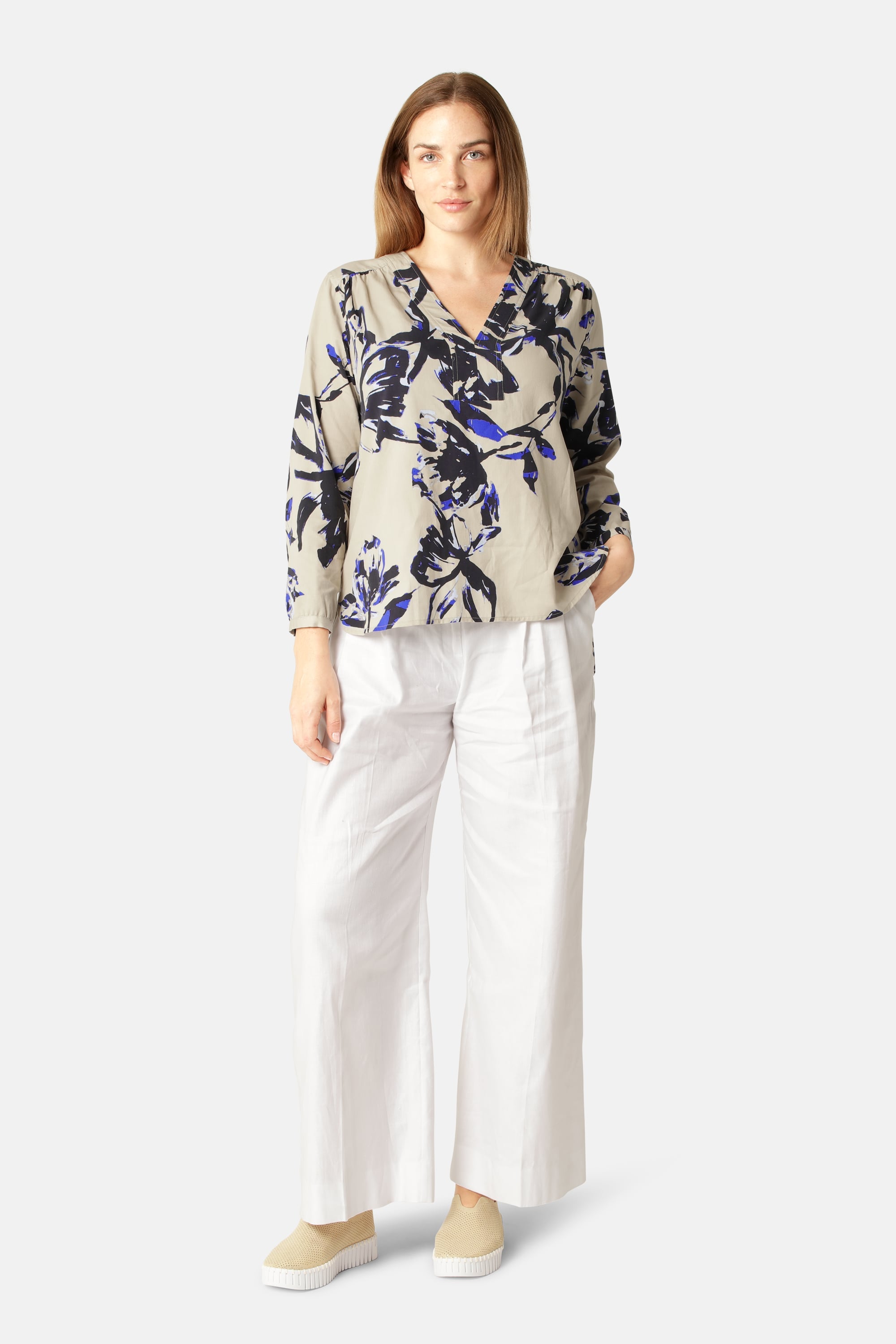 Skjorte V-hals - Sand Artsy Stroke Flower